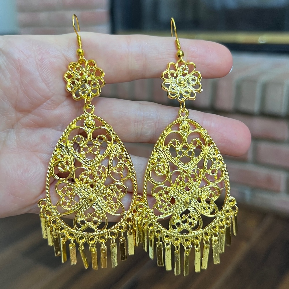 Large Gold Tone Fancy Lacy Dangle Earrings